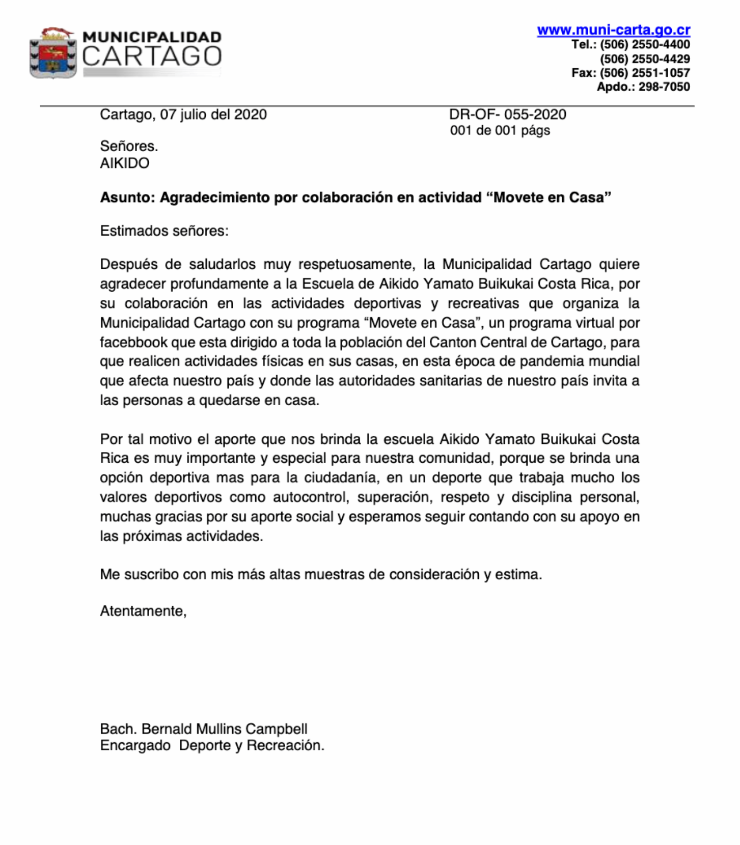 Carta de agradecimiento por taller del curso Deportes Contemporáneos