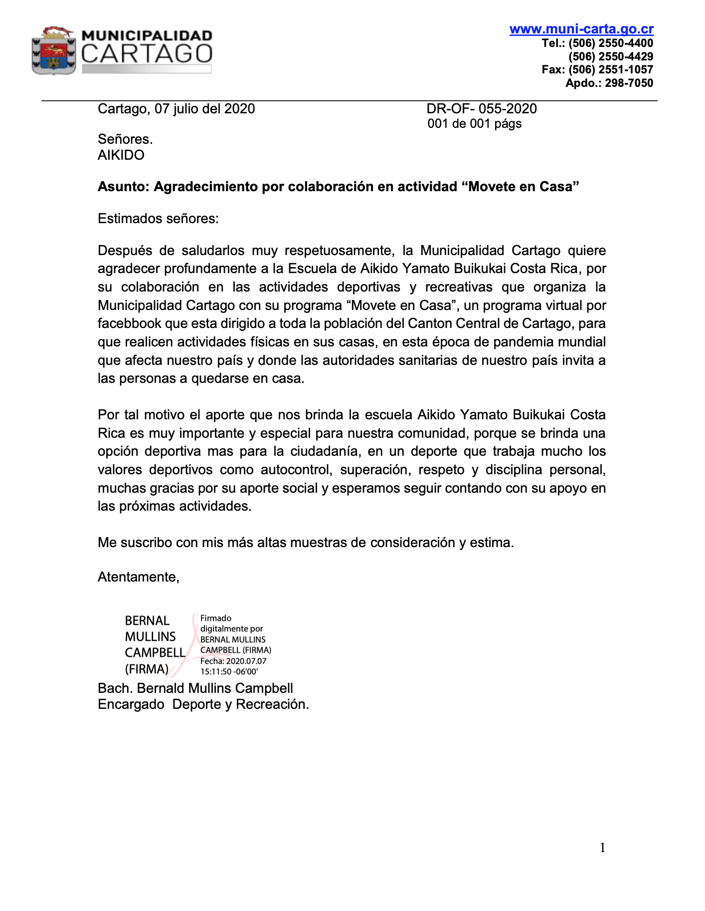 Oficio de agradecimiento de la Municipalidad de Cartago
